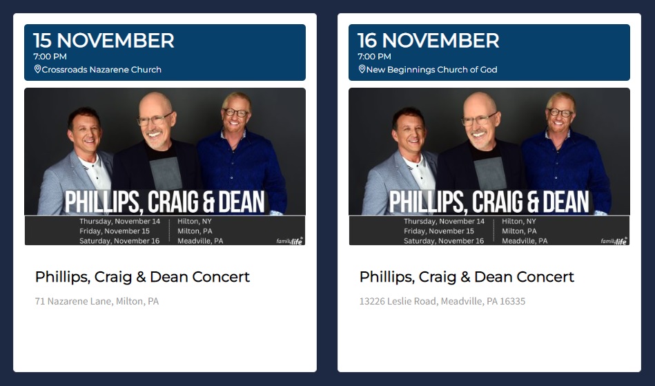 Phillips, Craig & Dean November Pennsylvania Concerts